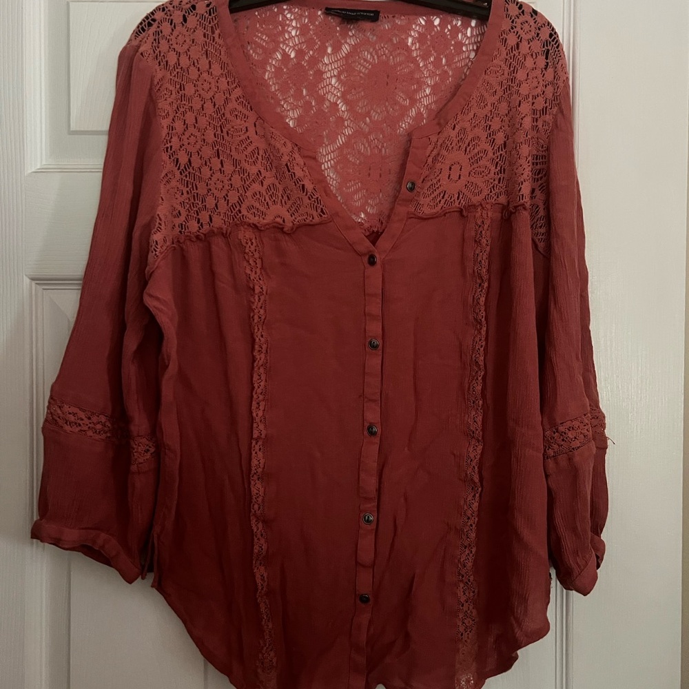 American Eagle Xl Women's Lace Detail Button-Up Top